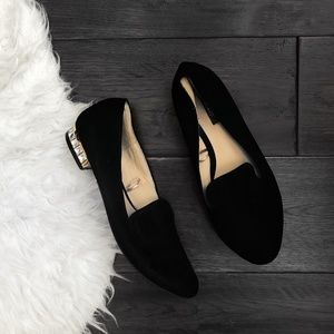Classic Black Faux Suede Jeweled Accent Loafers